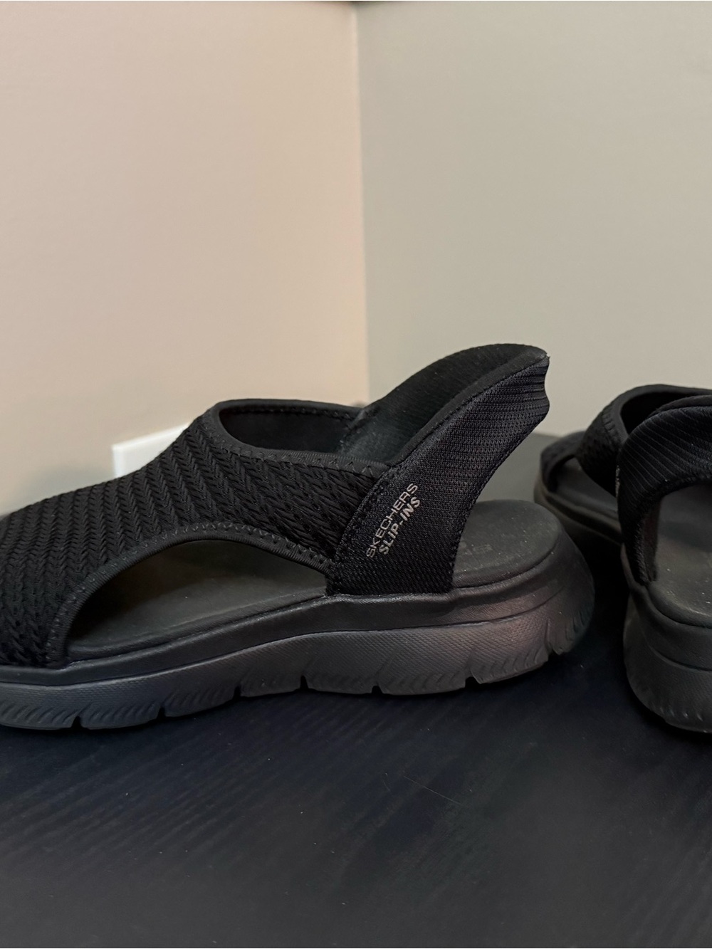 Skechers Black Knit Slip-On Wedge Sandals - Picture 3 of 3